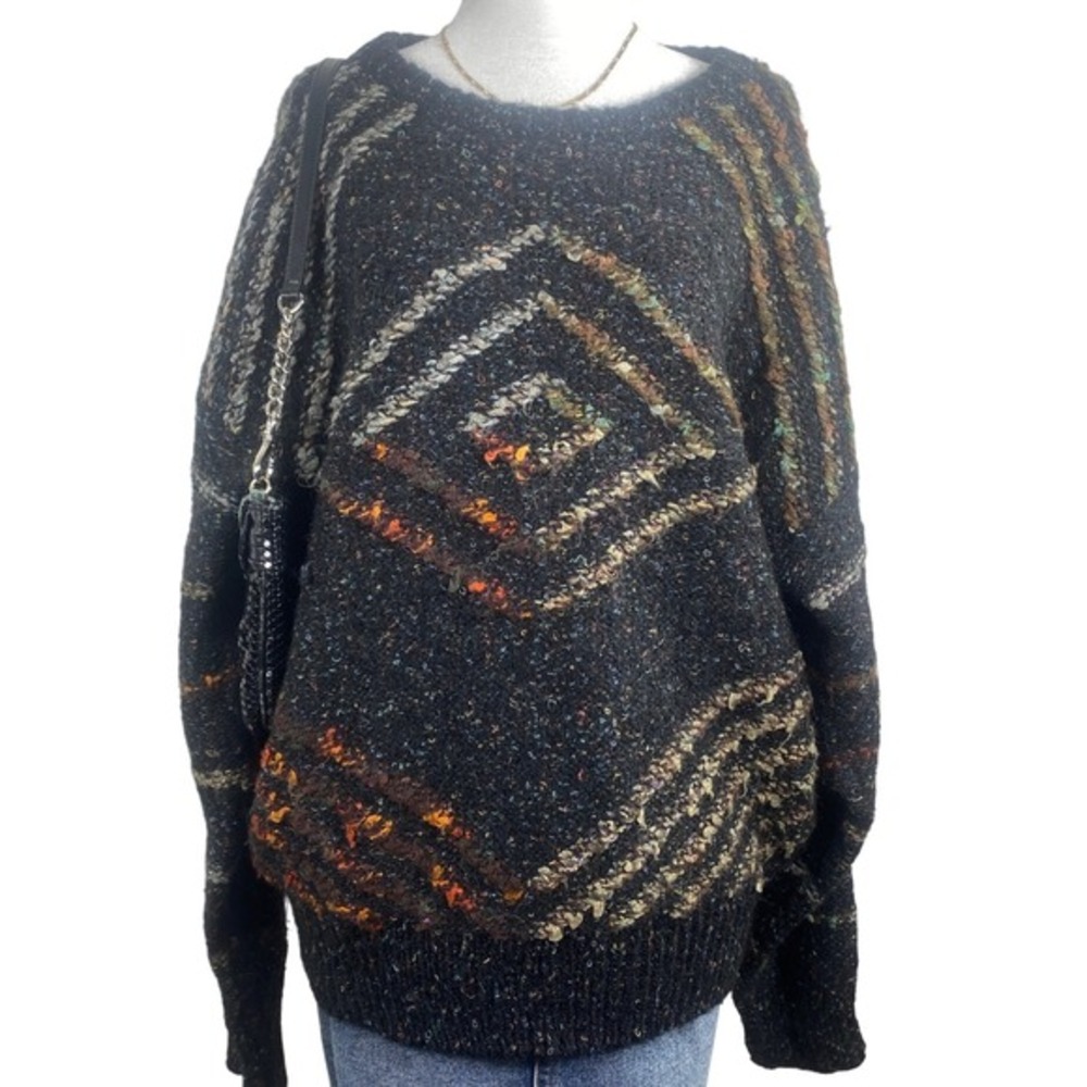 Vintage Cellini Collection Sweater Womens Medium Black Multicolor Knit Geometric